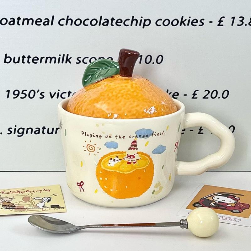 New Year's Gift Cute Orange Water Cup Boys and Girls Souvenir Gift Box High Value Ceramic Mug with Lid Spoon