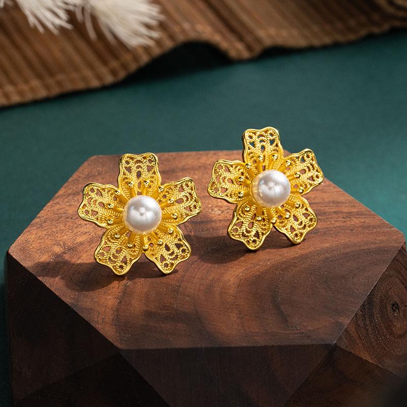 JMXD-Chinese Style Flower Silk Inlaid with Antique Earrings Imitation Pearl Stud Earrings Ancient Method Hanfu Jewelry Silk Filigree