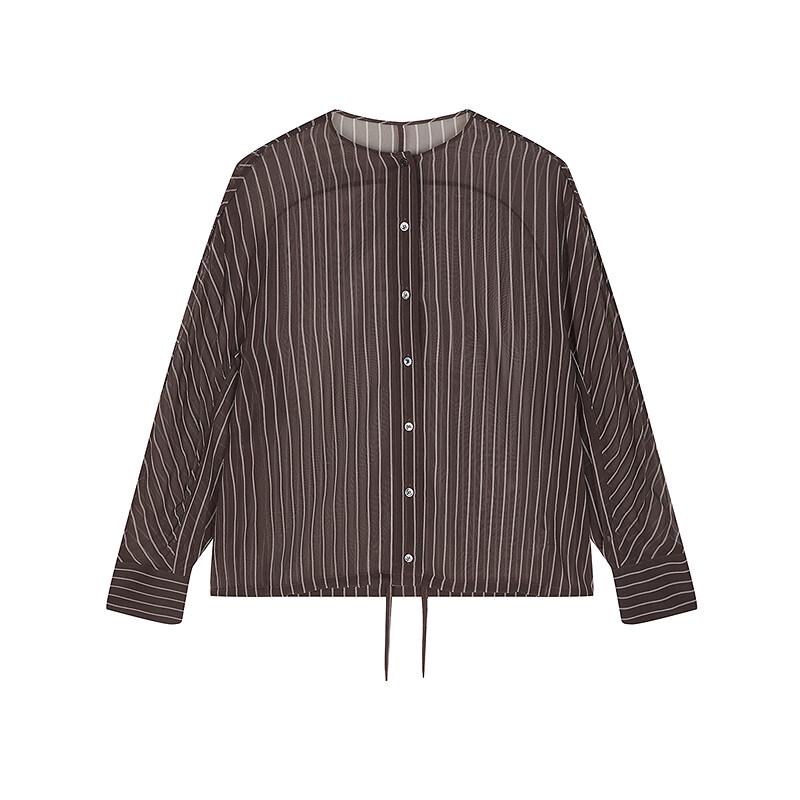 Less 2025 Summer Loose Fit Round Neck Silk Striped Shirt