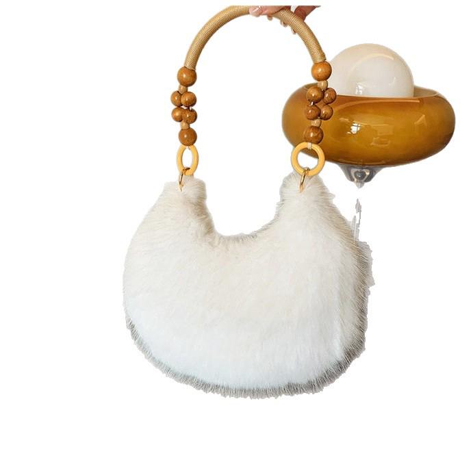 Women's Korean Style Wooden Bead Fluffy Tote: Fashionable Shoulder Bag, Versatile High-Value Design
