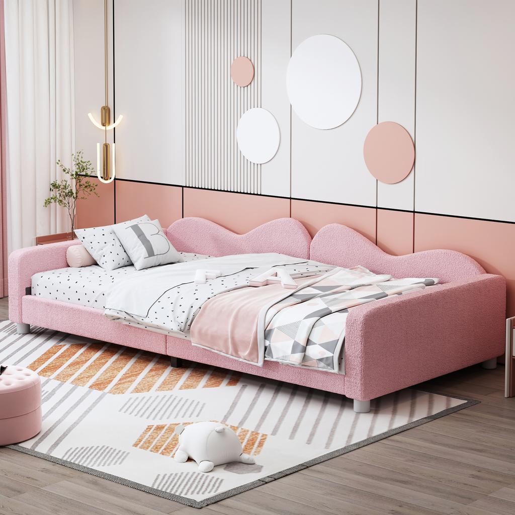 Kinderbett Polsterbett 90*200cm, Schlafsofa Bettgestell Teddy Stoff Multifunktionales Weiches Bett mit Rückenlehne und Armlehnen Jugendbett Gästebett Rosa
