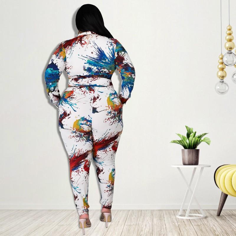 Womens Knit Printed Casual Two-Piece Set Long Sleeve Top Pants White Green 2025 Plus Size 1XL-5XL
