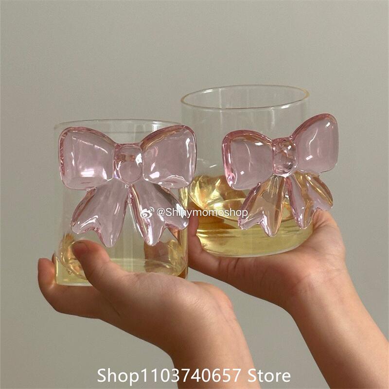 Rosa Große Schleife Glas Dekor Glas Tasse Kelch Schleifenhenkel Gläser Hitzebeständig Hohes Borosilikat Dessert Eisbecher Schüssel