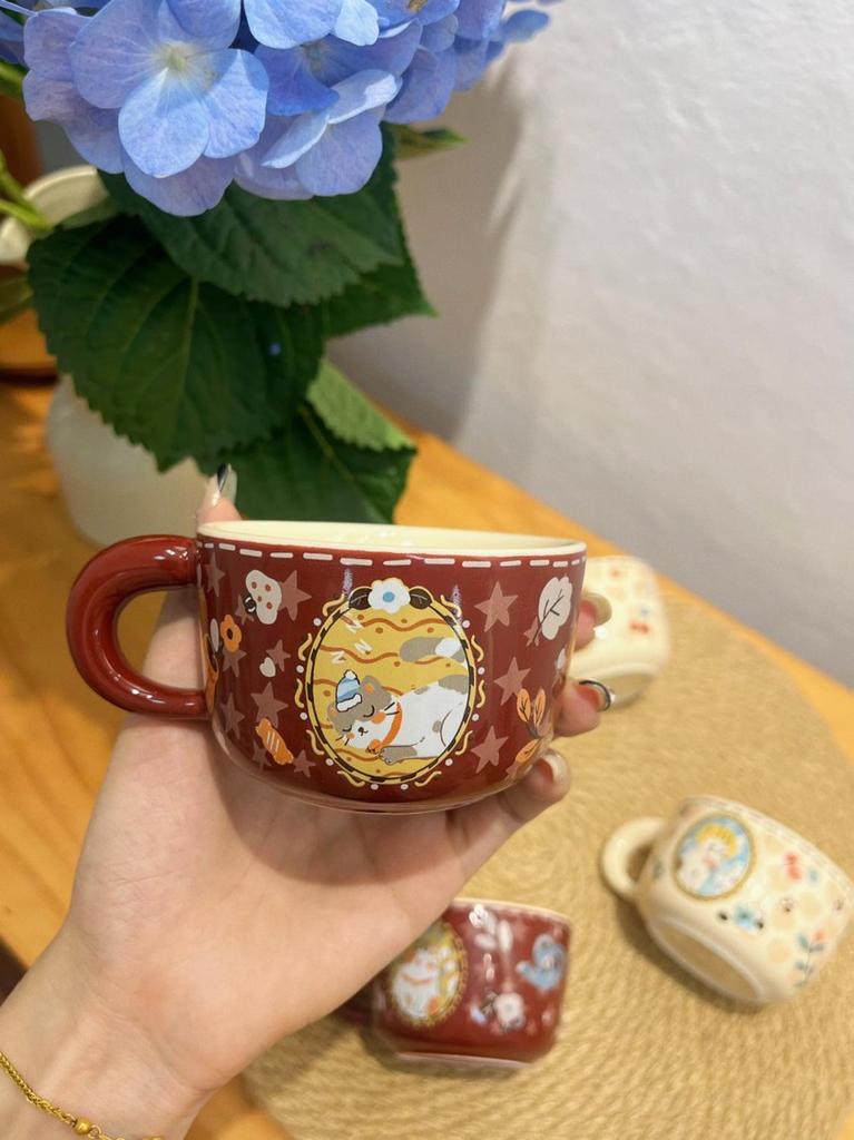 Retro cute lucky meow cup ceramic kitten coffee cup breakfast cup flower tea cup