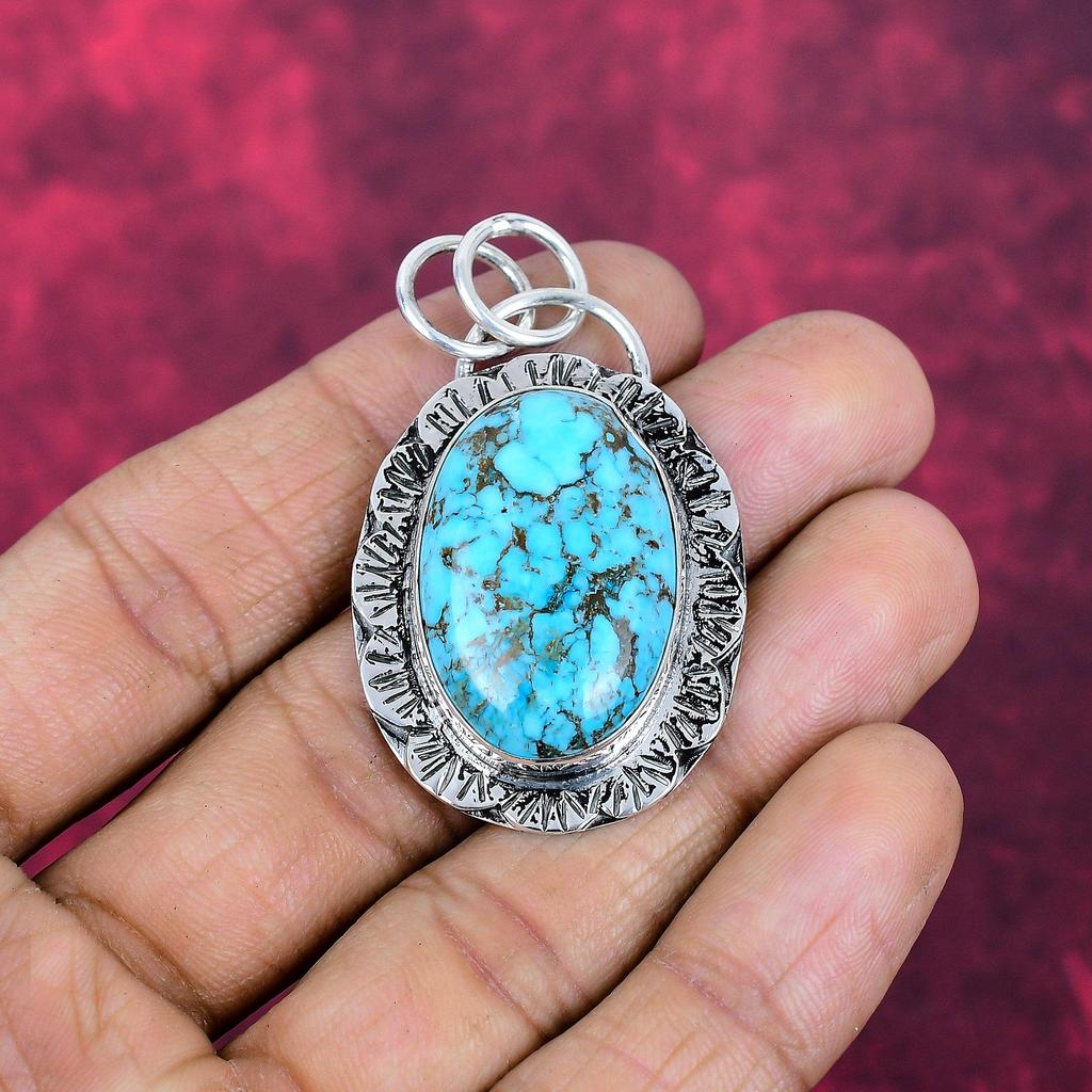 Blue Turquoise Handmade Gemstone Pendant, 925 Solid Sterling Silver Antique Jewelry Pendant, For Engagement Gift