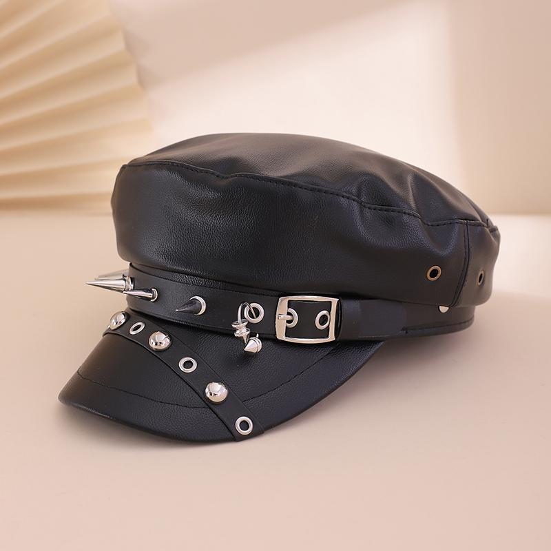 

Black PU leather rivet belt buckle trendy Y2K flat-top newsboy cap for daily shopping and gatherings One Size