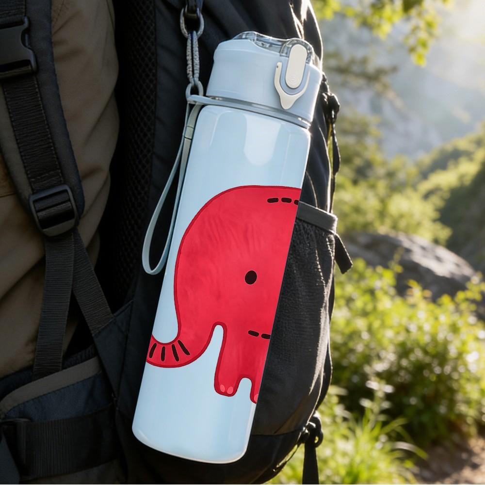 1PC Cute Red Elephant Cartoon Print 750ml Color Plastic Sports Water Bottle Leakproof Flip Straw Lid Suitable for Sports Office Home Use