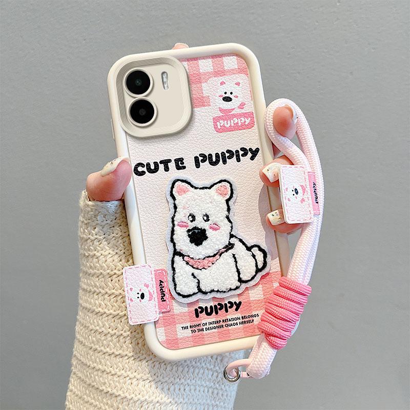 KEYSION Cartoon Cute Plush Embroidery Case for Redmi A2 A1 with Lanyard Silicone Shockproof Phone Cover for Xiaomi Redmi A1 A2