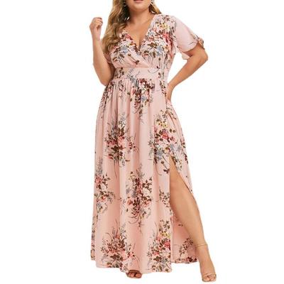2024 Trendiges Sommerkleid für Damen Europäischer Amerikanischer Stil Große Größe Bedruckter Saum Schlitz Mode
