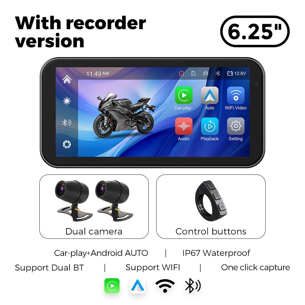 Portable 6.25 Inch Motorcycle GPS Navigation Wireless Carplay Android Auto IP67 Waterproof Moto Monitor Car Drive Recorder WIFI
