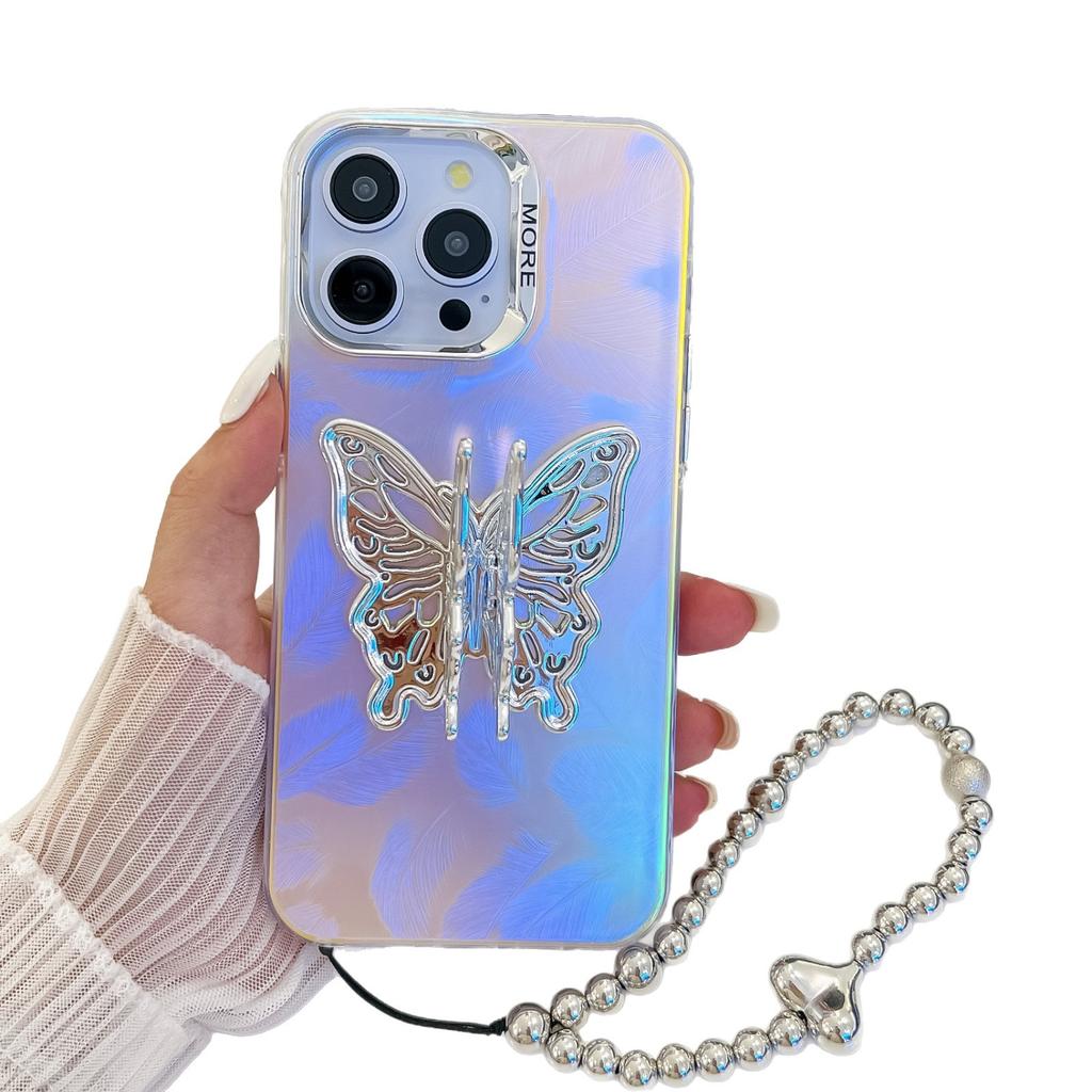 For Apple 16E Three-dimensional Butterfly Stand Electroplated Laser for IPhone15promax Bracelet Mobile Phone Case