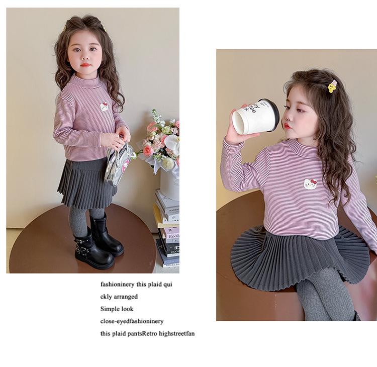 Girls' Fleece-Lined Long-Sleeve T-Shirt - Autumn/Winter Semi-High Collar Top