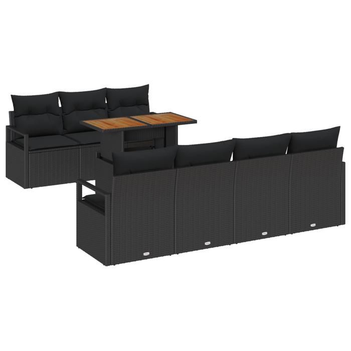 Ensemble de Canapé de Jardin de 8 Pièces avec Coussins en Rotin Poly Noir Acacia, Canapé de Jardin de 2 Places avec Coussins 3349673
