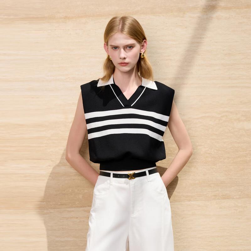 

Women s Polo Neck Sleeveless Striped Knit Top L