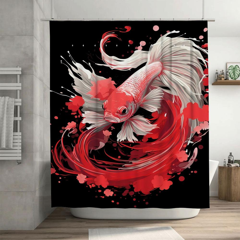 Fancy Fish Shower Curtain Red White Black Splashing Waterfall Decoration for Bathroom Waterproof Bath Mat, Size 72x84 Inches