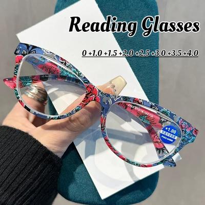 New Fashion Flower Pattern Frame Reading Glasses Neutral New Cat-eye High-definition Blue Light Blocking Presbyopia Glasses +4.0