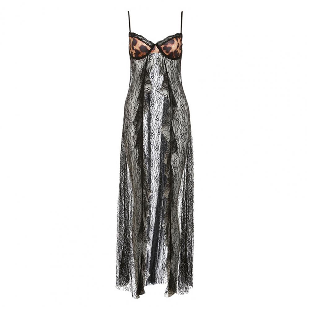 Women Sling Vest Spaghetti Strap Design Strappy Backless Leopard Print Bra Tops See-through Lace Hem Camisole