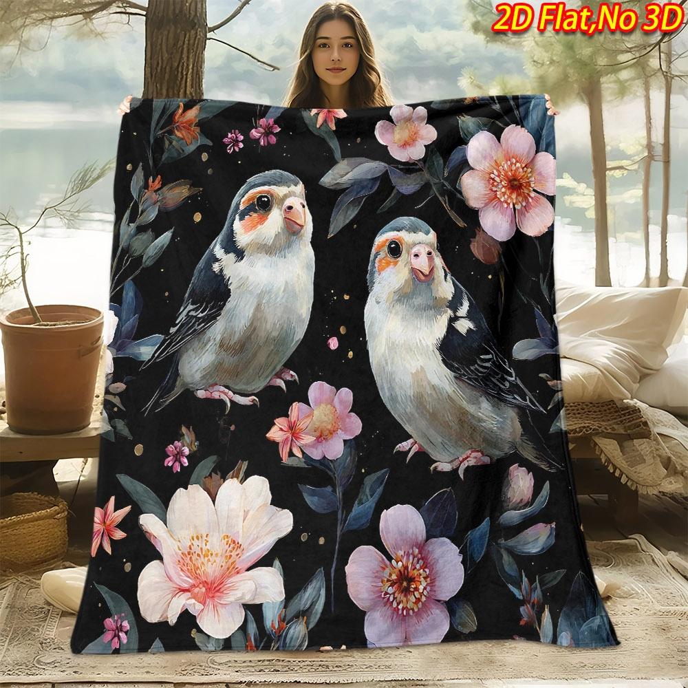 1pc 2D Flat Printing Spring & Summer New Arrival Floral Bird Theme Digital Print Blanket, All Seasons, Casual Throw, 100% Polyester Soft And Comfortab