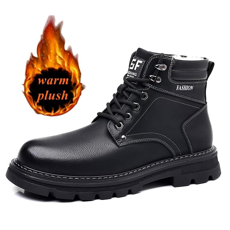 Golden Sapling British Style Warm Men's Boots Classics Black Leather Male Ankle Botas Outdoor Rouns Toe Thicken Plush Shoes Man