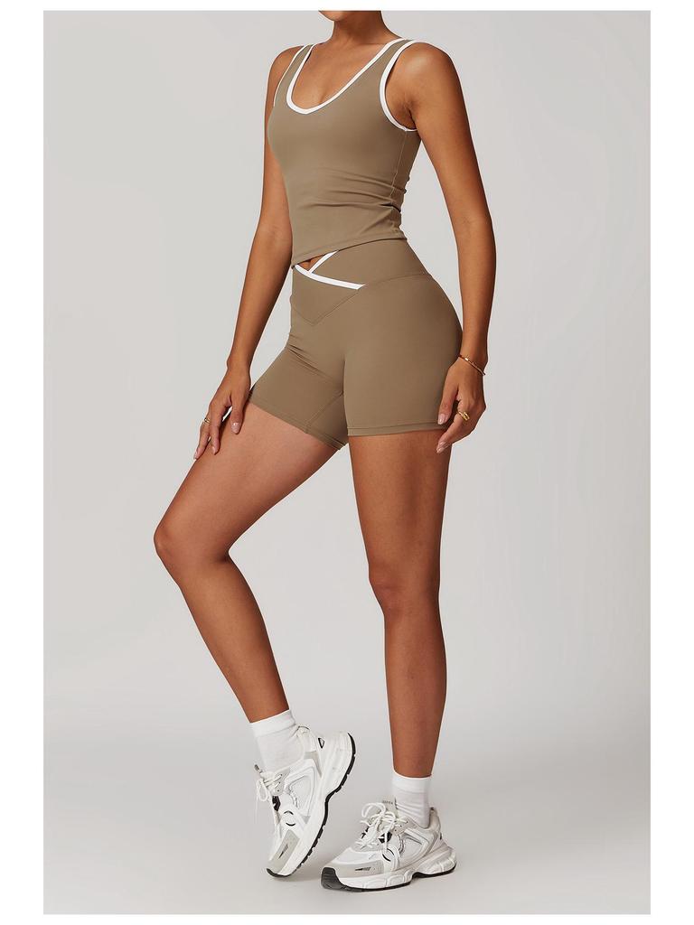 Women's Color Block High Waist Sports Set: Backless Vest Top & Running Shorts for Fitness and Yoga