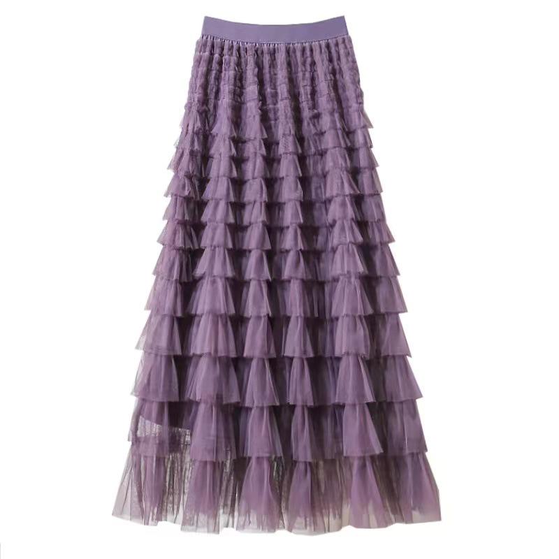 "2024 Frühling/Sommer Lotusblatt Mesh Puffrock": Gespleißt, Schlank, Von Prominenten inspiriert, Lang, Sexy Kuchenstil"