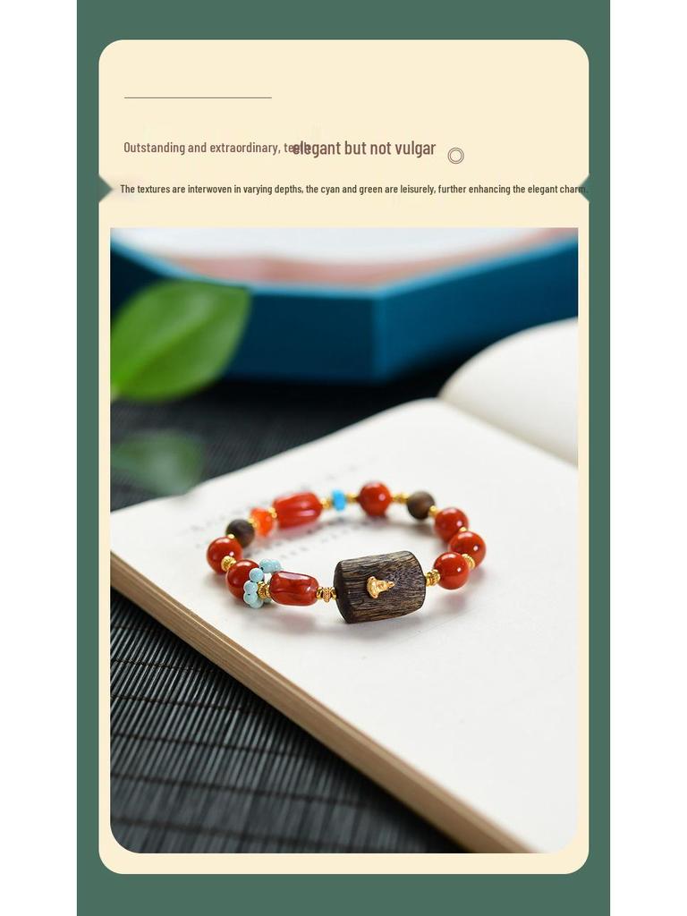 Novo Bracelete de Prata 925 com Ágata Vermelha e Turquesa Estilo Chinês