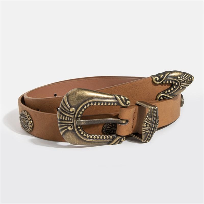 PU Waist Belts with Alloy Carved Buckle Thin Adjustable Waist Belt Woman Girls Jeans Dresses Skirt Coat Waistband