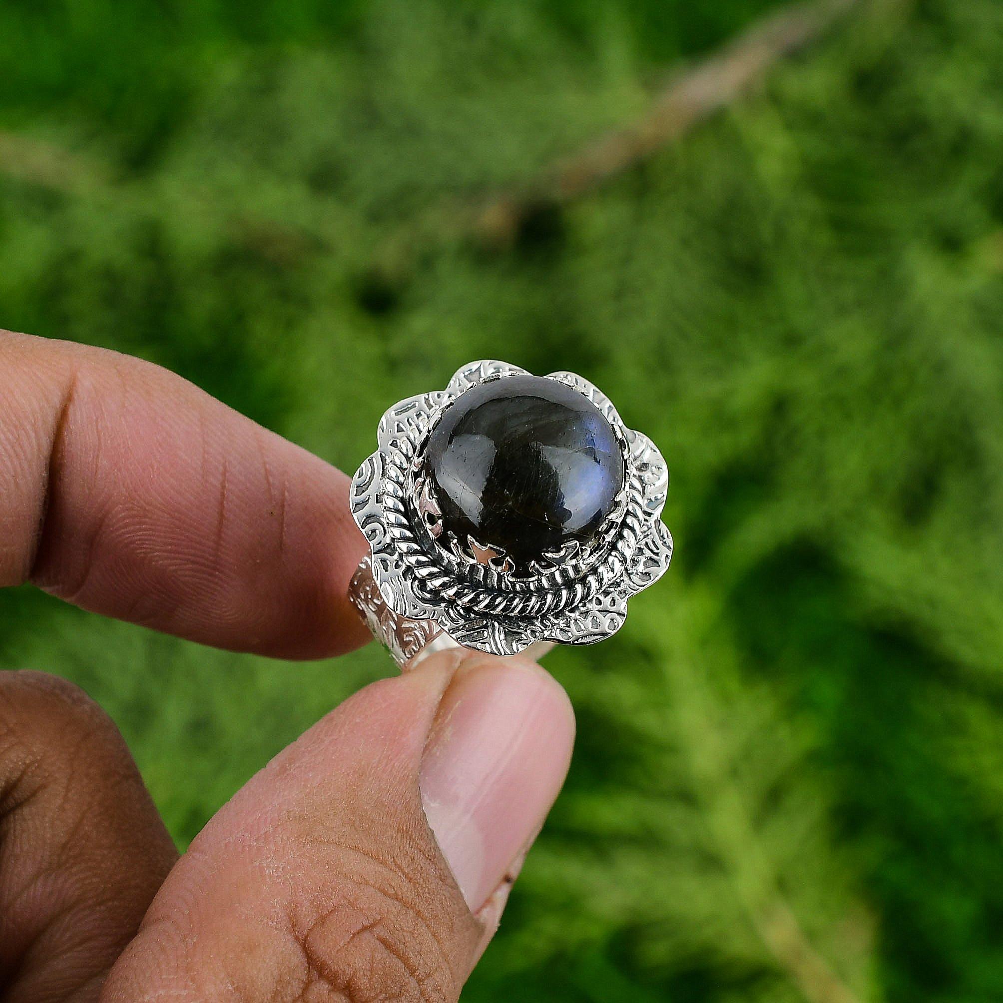 

925 Sterling Silver Natural Labradorite Solitaire Third Eye Chakra Ring Jewelry Adjustable