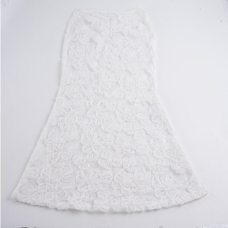 Romantic Island Resort Style Lace Three-Dimensional Floral V-Waist Long Skirt, Sexy Slim-Fit Figure-Flattering Half Skirt