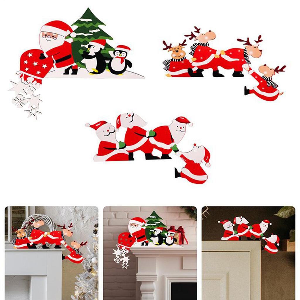 Door Frame Decor Penguin Santa Elk Wall Sign 2 Pieces Wood Christmas Door Corner Decoration For Home Party Bathroom Outdoor