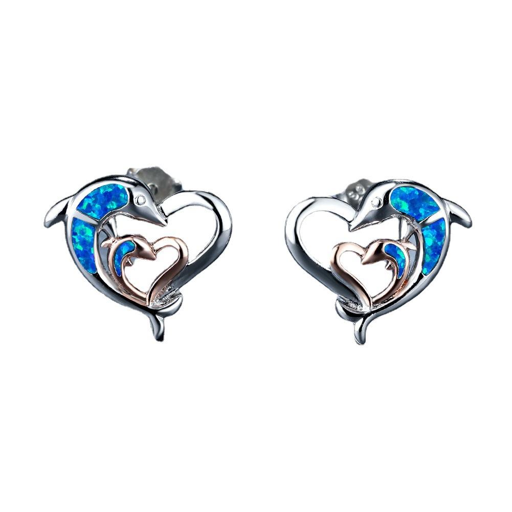 Dual Color Heart To Heart Blue Dolphin Earrings for Women Cute and Fashionable Ring