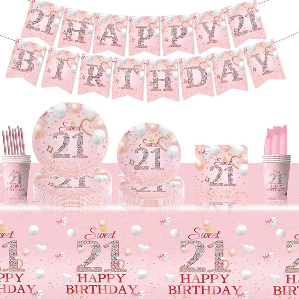 Disposable Party Supplies For 21st Birthday Pink Plates Cups Napkins And Tablecloth Set