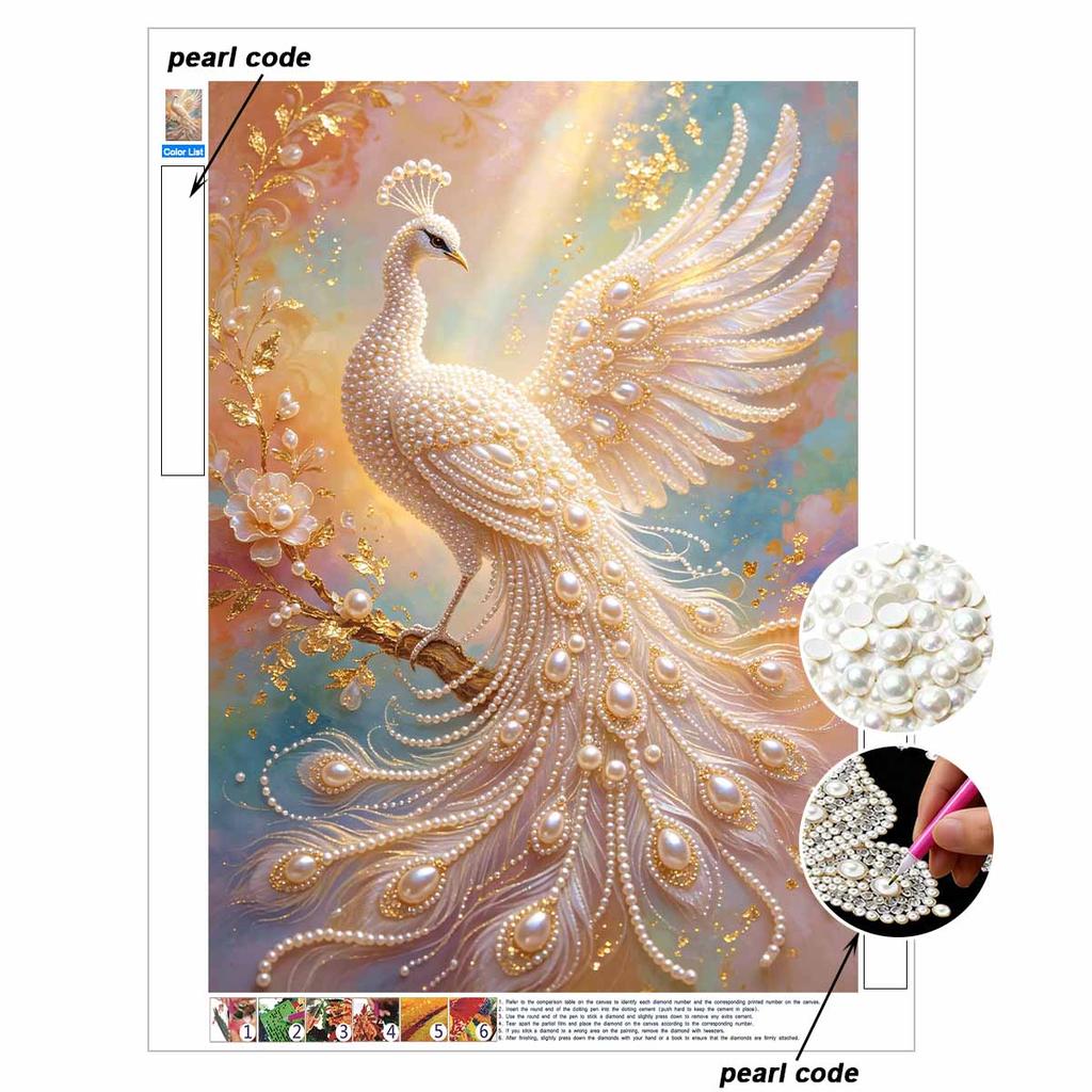 Pearl Art Painting Home Wall Decor White Peacock Pearl Gemstone Painting Picture Crafts Adult/Beginner Gift Creative Home Decor Unframed