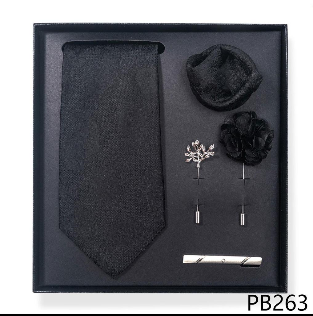 Paisley-Blumen-Krawatten-Geschenkset: Enthält Krawatte, Einstecktuch, Manschettenknöpfe, Ansteckblume und Krawattennadel in einer sechsteiligen Schachtel