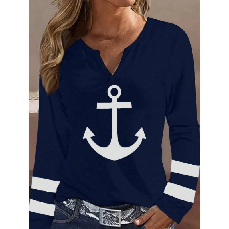 

Женская футболка с длинными рукавами и V-образным вырезом с принтом 1XL темно-синий