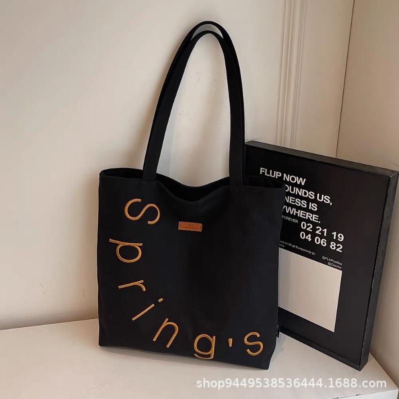Embroidered Letter Canvas Bag Bag Women's Leisure Large Capacity Shoulder Tote Bag Versatile Student Class Commuting Tote Bag