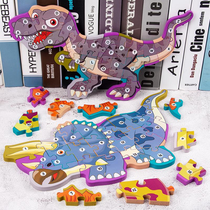 Children's 3D Wooden Dinosaur Puzzle: Number & Letter Educational Toy for Ages 3-6