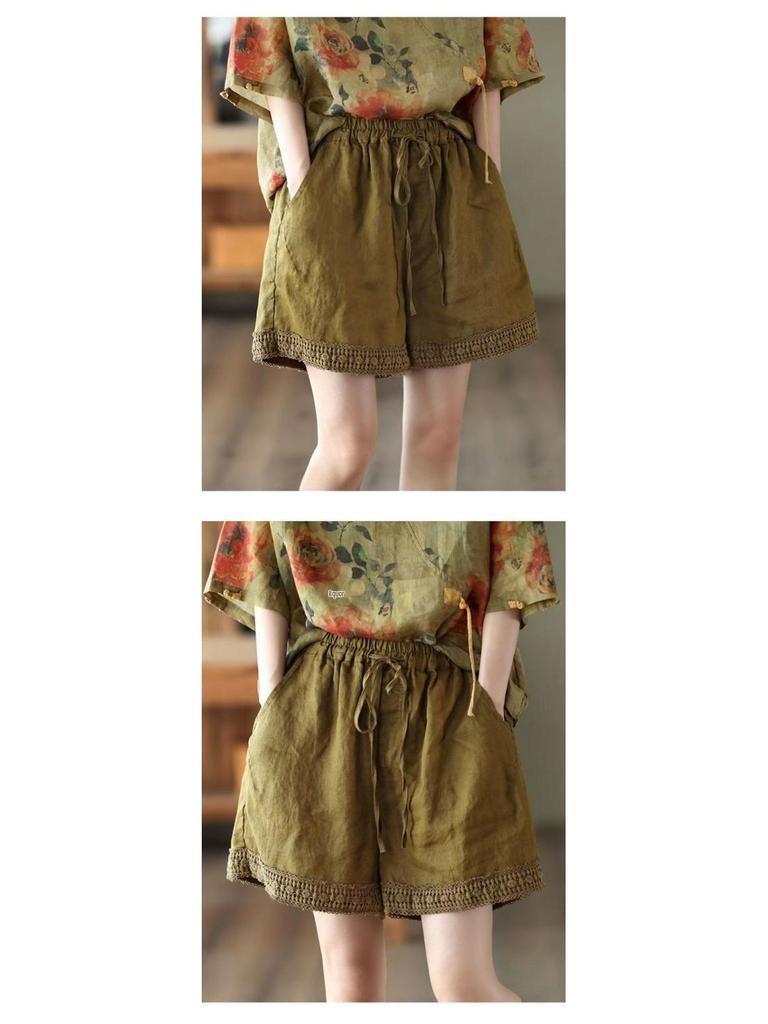 Lato 2025 Retro Szydełkowe Bawełniano-Lniane Damskie Koronkowe Szorty - Wyszczuplające Spodnie Casual z Prostą Nogawką