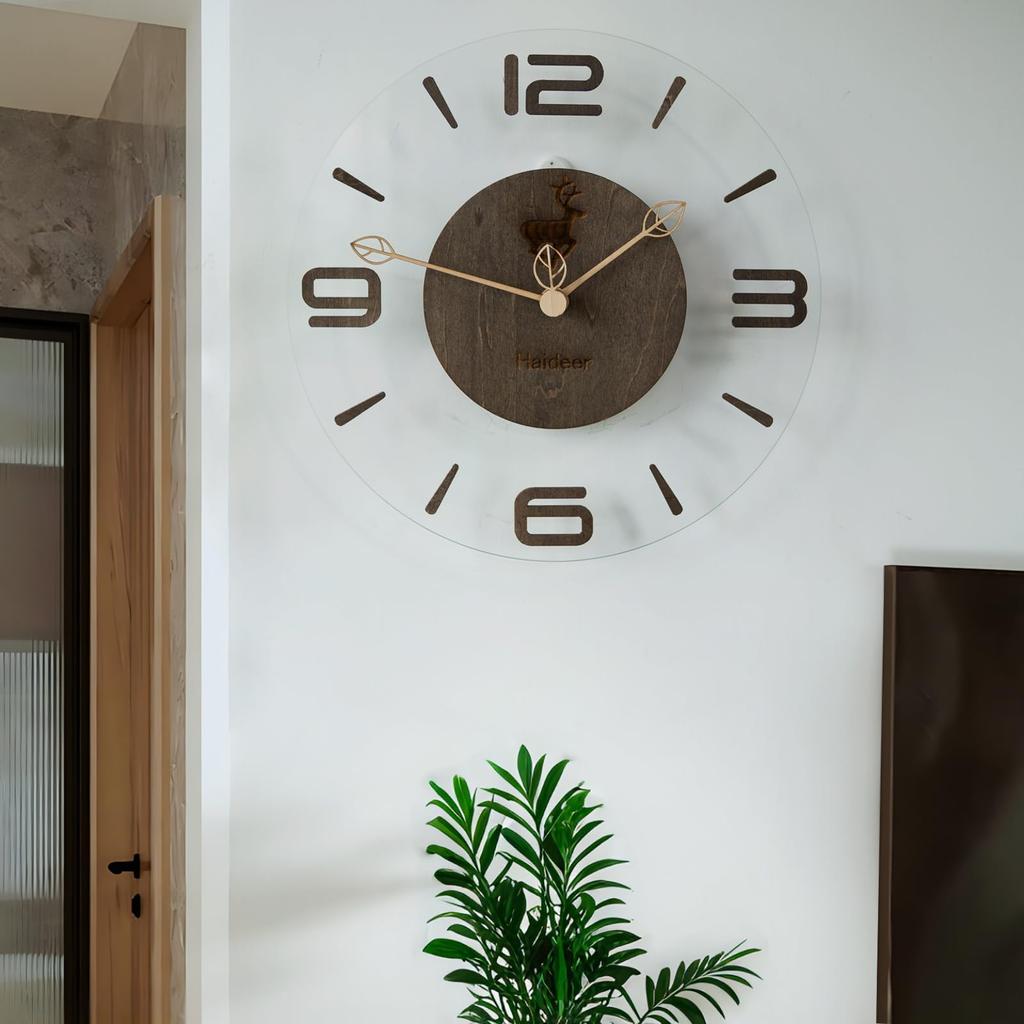 Stylish Glass Wall Clear and Wooden and Natural Modern Stylish and Simple Wood Color B Clock, Clear, Walnut, Clock, Design, Quiet, Handmade,