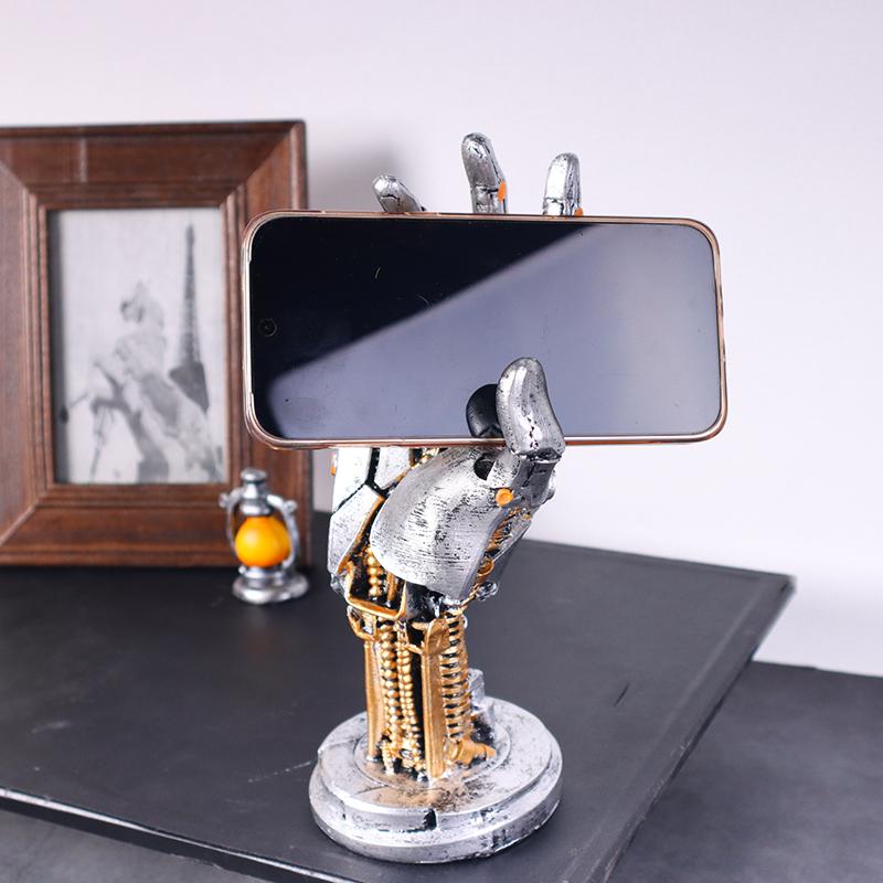 Cyberpunk Mechanischer Arm Harz Roboterhand Skulptur – Headset & Gamepad Handyhalter, Schreibtischdekoration