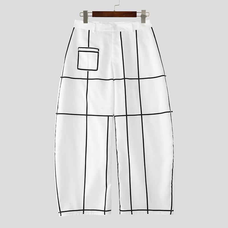 

INCERUN Oversized Men Zipper Waist Side Pockets Plaid Casual Loose Long Trousers Pants S белый