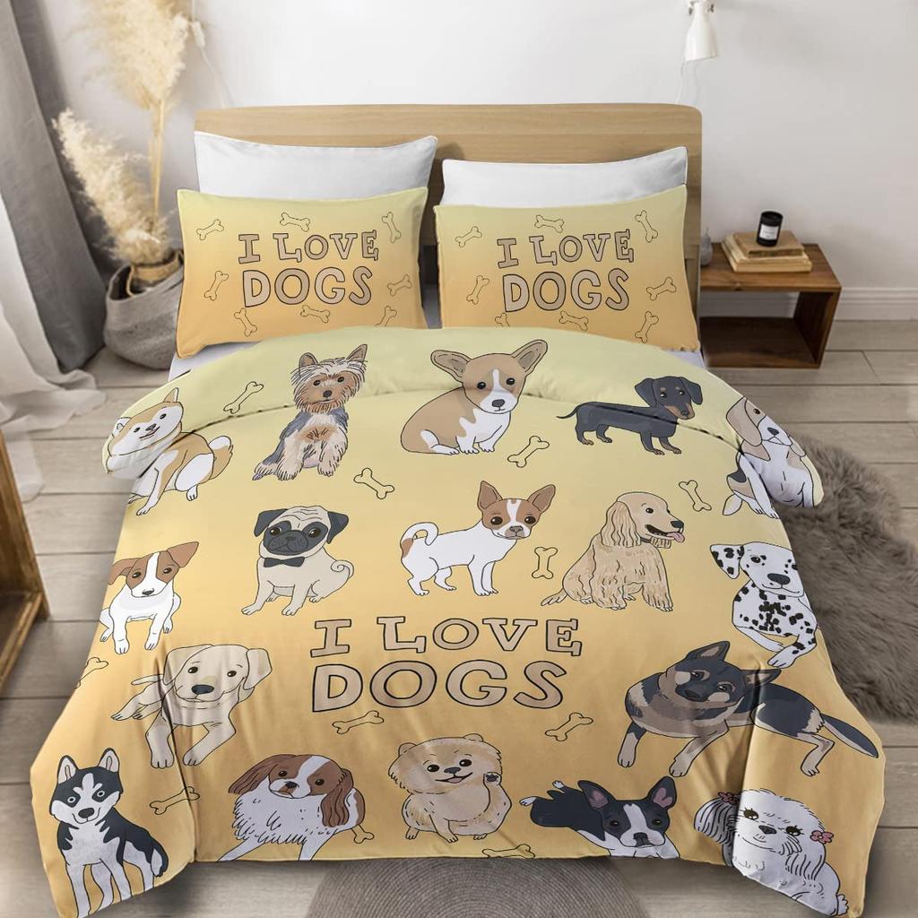 Cute Dogs Print Bedding Set Puppy Animal Duvet Cover Set 2/3 Pcs Watercolor Pastel Dog Paw Comforter Cover Pug Dog Lover Bed Set