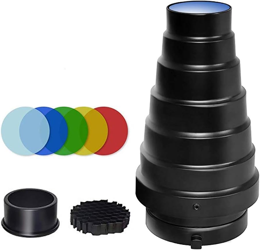 SOONPHO Cone Snoot Kit with Honeycomb Grid Large Aluminum Alloy Heavy Duty 5 Color Gel Filter Kit Photography Flashlight Studio Bowens Mount Strobe