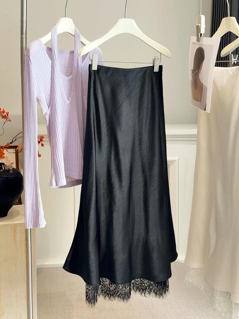 Women's High Waist Lace Patchwork A-Line Satin Skirt - Spring/Summer, Side Slit, Long Skirt