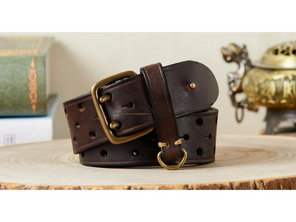 Korean Style Double Pin Buckle Leather Belt for Men - Genuine Cowhide Retro Youth Jeans Waist Belt