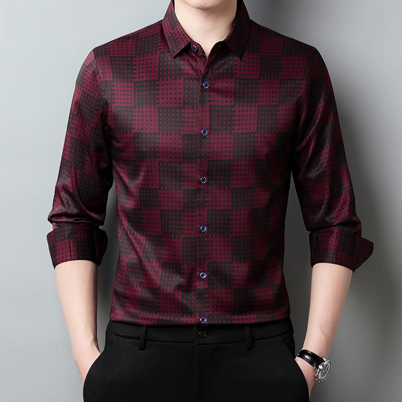 Men's Spring and Autumn Plaid Button Lapel Contrast Color Long Sleeve Business Casual Fashion Top