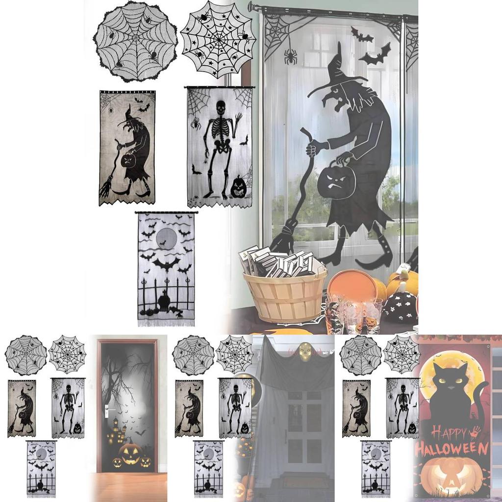 Stylish Black Lace Halloween Table Flag Featuring Creepy Bat And Spider Web Patterns