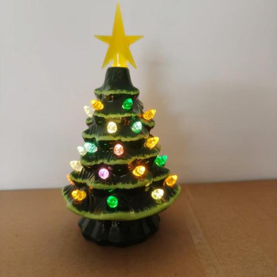 Yousheng 7 Inch Tabletop Christmas Tree LED Light Up Mini Resin Christmas Tree Figurine with Star Tree Topper for Holiday Party Home Decor