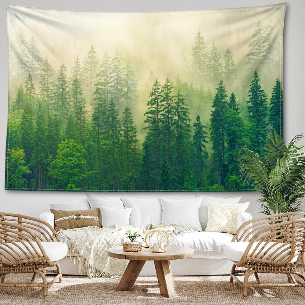 Tapiserie Misty Forest Závěs na stěnu Přírodní a minimalistická scenérie Bohémské umění Moderní styl Home Decor
