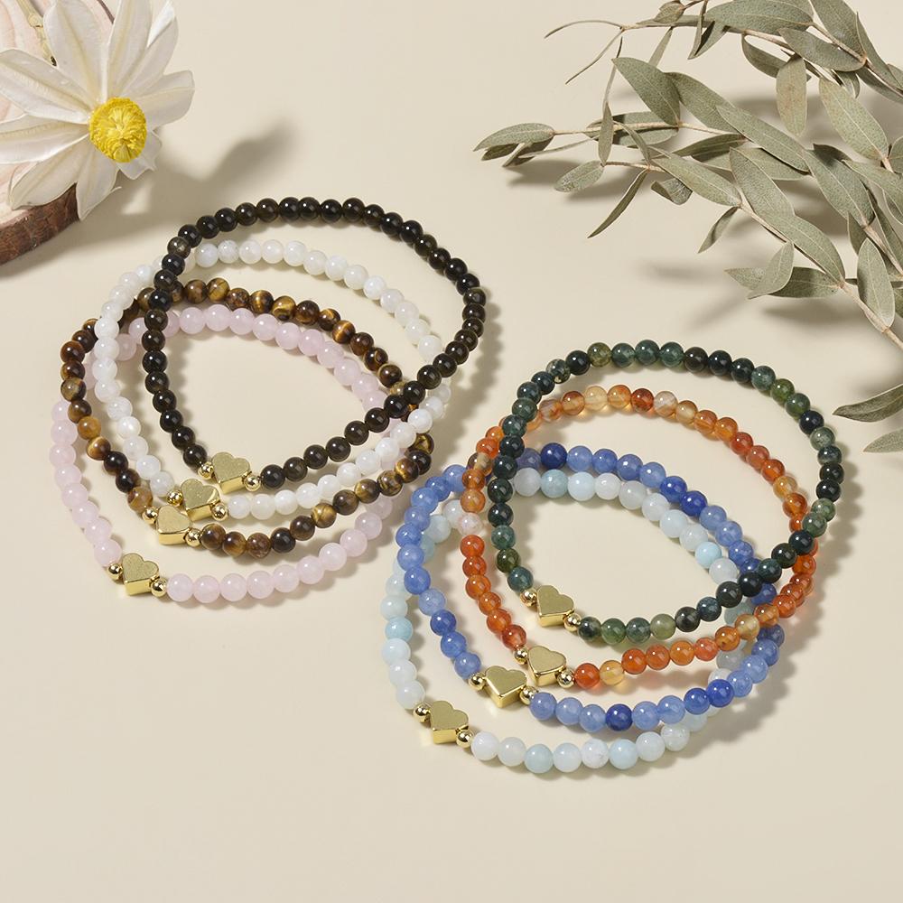 1pc Fashion 4mm Natural Stone Beads Heart Charm Stretchable Bracelet For Women Daily Jewelry